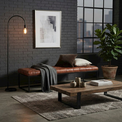 Genuine Leather Mid-Century Ottoman Bench with Iron Frame, Bedroom, Saddle brown