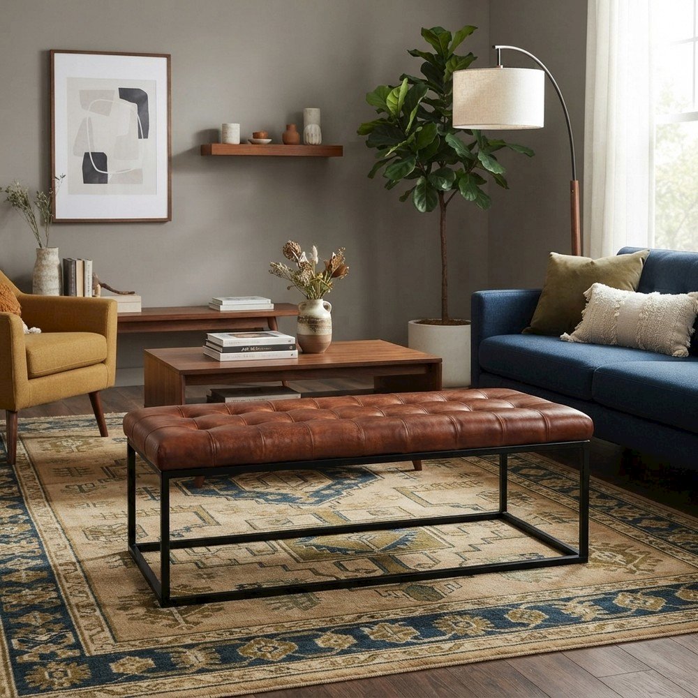 Genuine Leather Mid-Century Ottoman Bench with Iron Frame, Bedroom, Saddle brown
