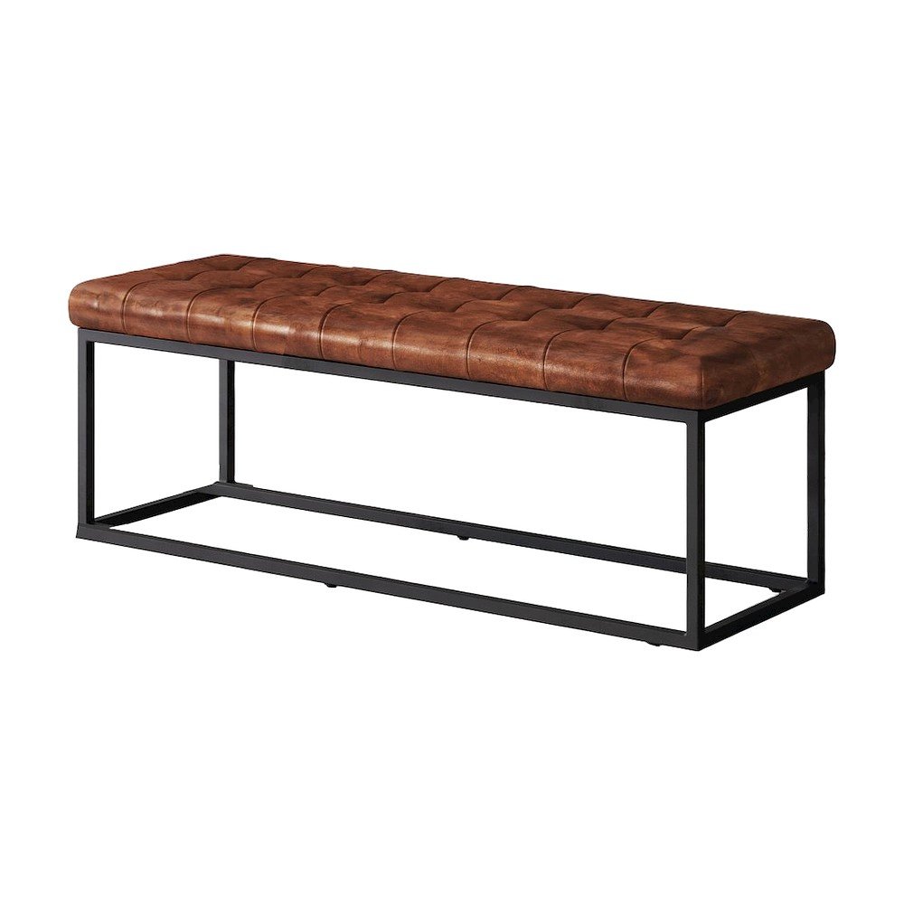 Genuine Leather Mid-Century Ottoman Bench with Iron Frame, Bedroom, Saddle brown