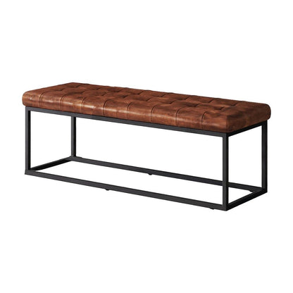 Genuine Leather Mid-Century Ottoman Bench with Iron Frame, Bedroom, Saddle brown