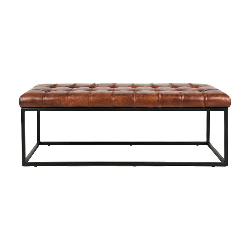 Genuine Leather Mid-Century Ottoman Bench with Iron Frame, Bedroom, Saddle brown