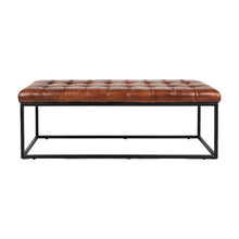 Genuine Leather Mid-Century Ottoman Bench with Iron Frame, Bedroom, Saddle brown