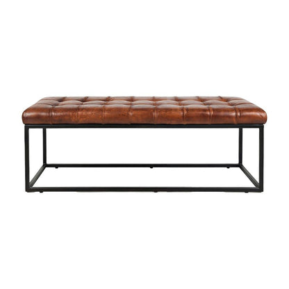 Genuine Leather Mid-Century Ottoman Bench with Iron Frame, Bedroom, Saddle brown