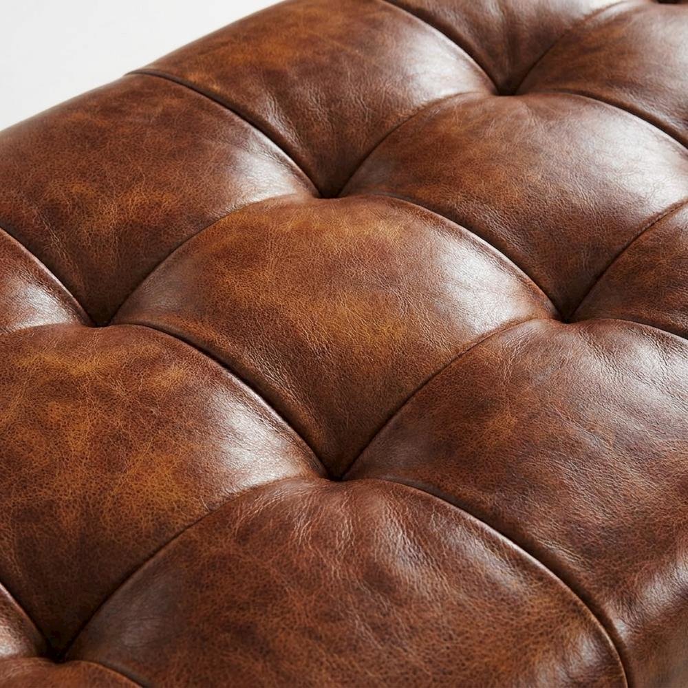 Genuine Leather Mid-Century Ottoman Bench with Iron Frame, Bedroom, Saddle brown
