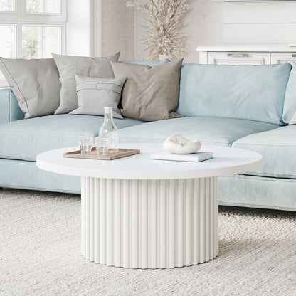 40" Round Mid-Century Fluted Pedestal Base Coffee Table with Caster Wheels