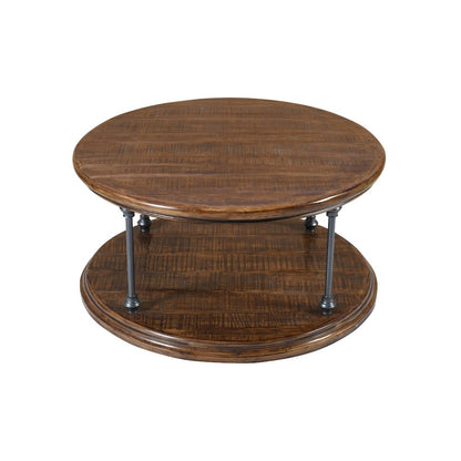 Larson Modern Industrial 36" Round Solid Wood Coffee Table with Shelf