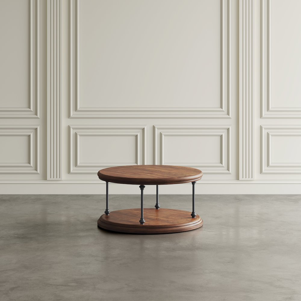 Larson Modern Industrial 36" Round Solid Wood Coffee Table with Shelf