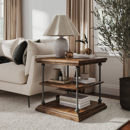 Larson Modern Industrial Square Solid Wood End Table with Storage Shelves