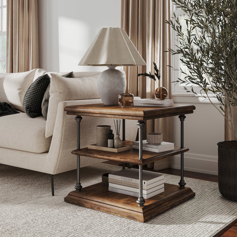Larson Modern Industrial Square Solid Wood End Table with Storage Shelves