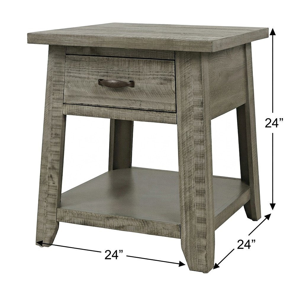 Pine Veneer Rustic Farmhouse End Table with Drawer, Side Table, Driftwood Grey
