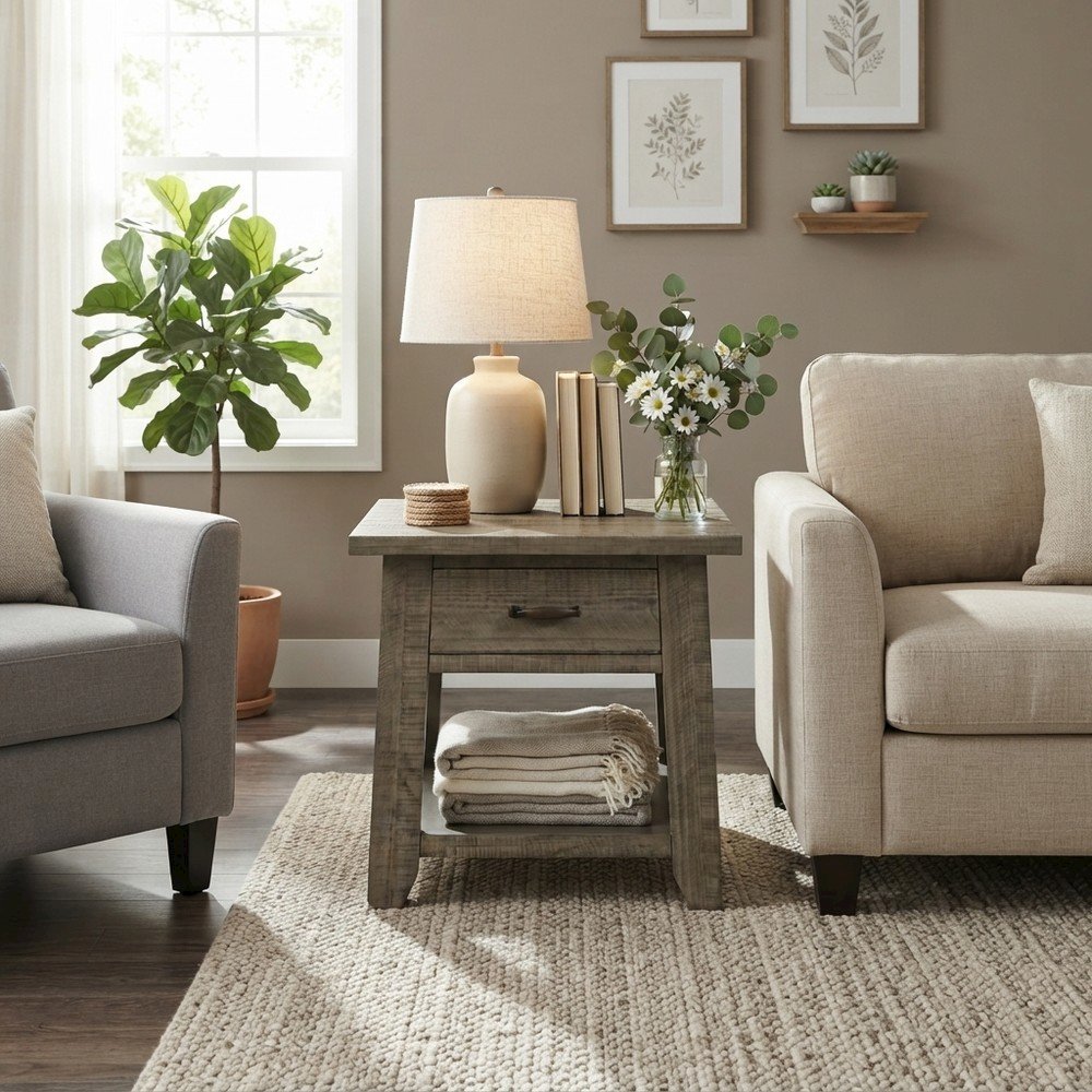 Pine Veneer Rustic Farmhouse End Table with Drawer, Side Table, Driftwood Grey