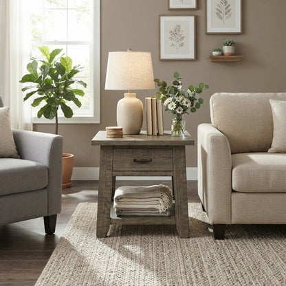 Pine Veneer Rustic Farmhouse End Table with Drawer, Side Table, Driftwood Grey