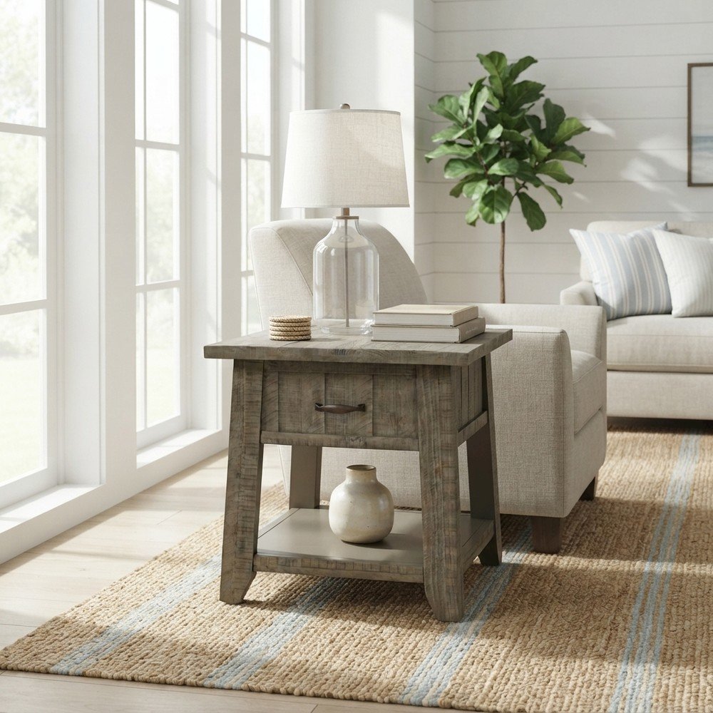 Pine Veneer Rustic Farmhouse End Table with Drawer, Side Table, Driftwood Grey