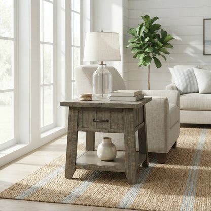 Pine Veneer Rustic Farmhouse End Table with Drawer, Side Table, Driftwood Grey