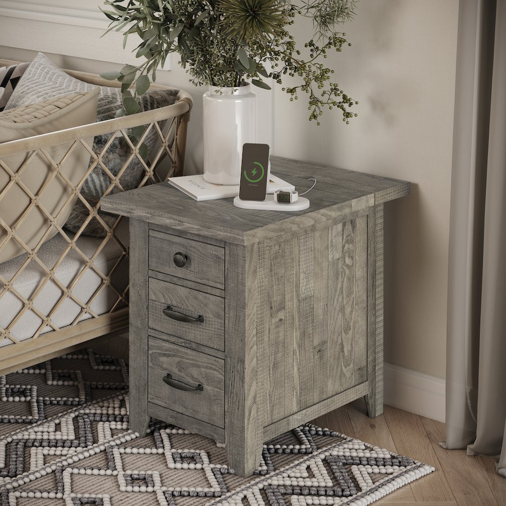 Telluride Rustic Farmhouse Solid Wood USB Charging Chairside End Table