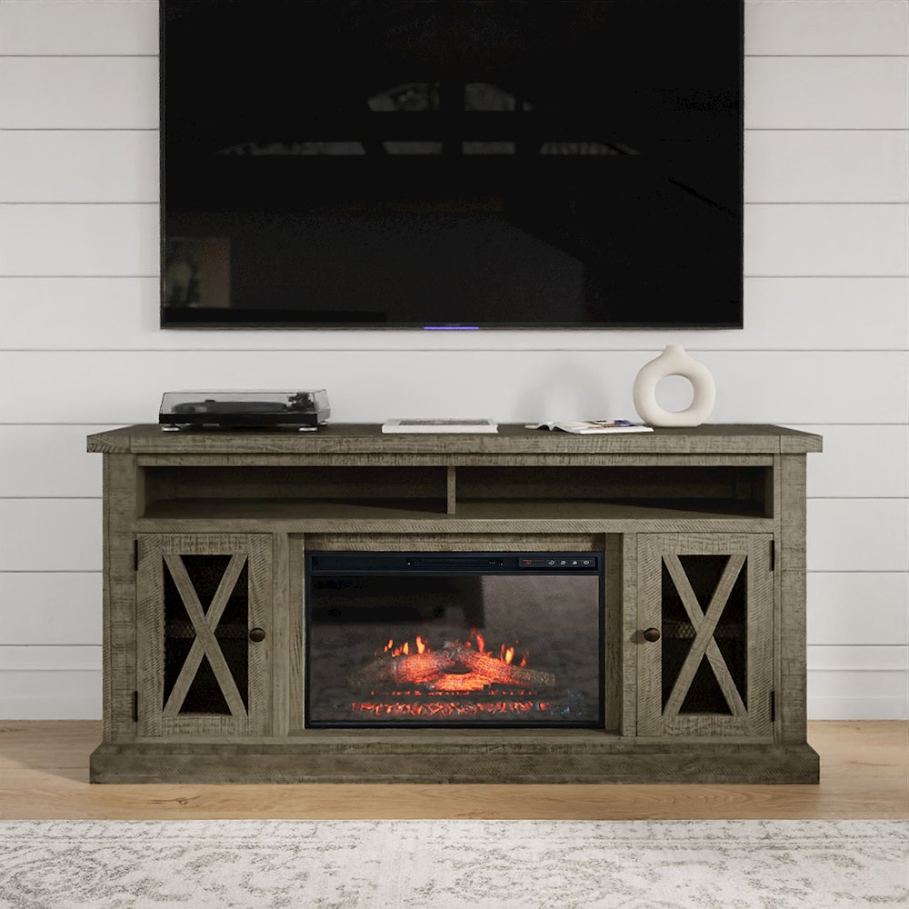 Telluride Rustic Solid Wood 60" Storage Console TV Stand with Electric Fireplace