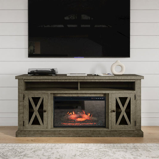 Telluride Rustic Solid Wood 60" Storage Console TV Stand with Electric Fireplace