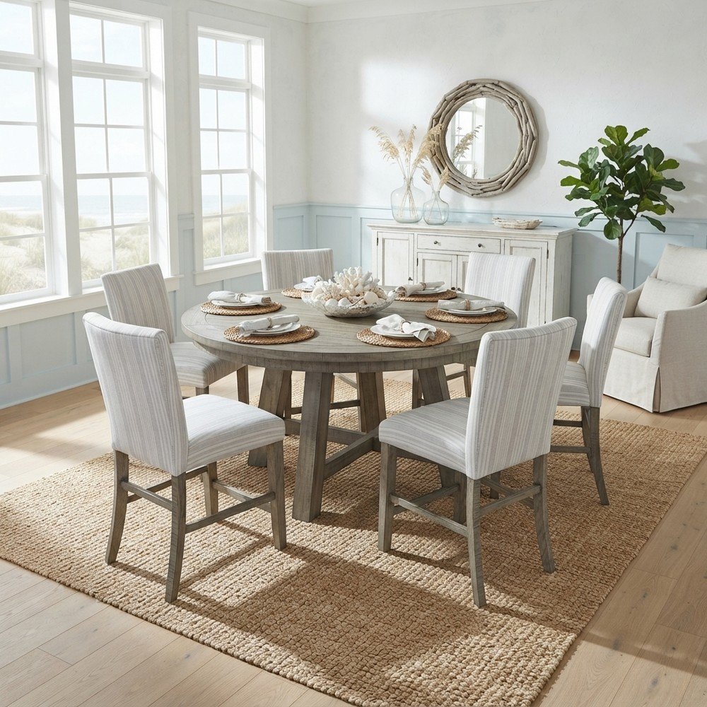 Solid Pine Upholstered Counter Height Dining Table 7 Piece Set, Driftwood Grey