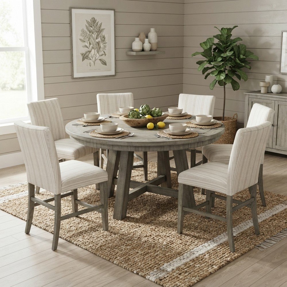 Solid Pine Upholstered Counter Height Dining Table 7 Piece Set, Driftwood Grey