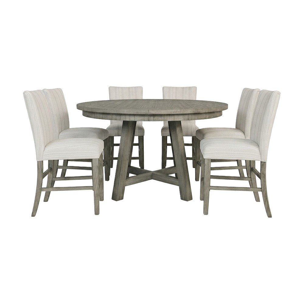 Solid Pine Upholstered Counter Height Dining Table 7 Piece Set, Driftwood Grey