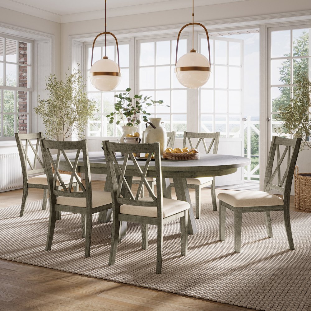 Contemporary Rustic Farmhouse Solid Wood Seven Piece Dining Table Set