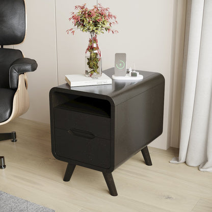 Mid-Century Modern USB Charging Curved Chairside End Table with Storage Drawers
