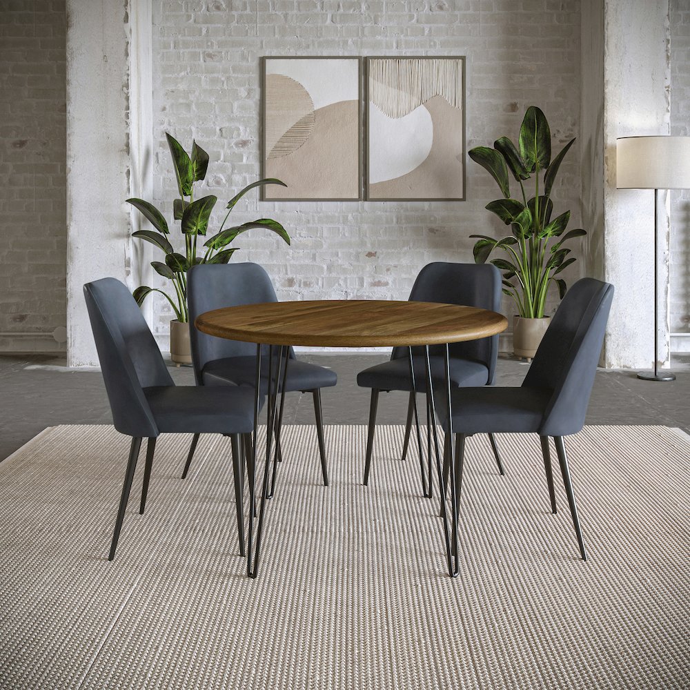 Five Piece 42" Round Mid-Century Modern Dining Set with Faux Leather Chairs