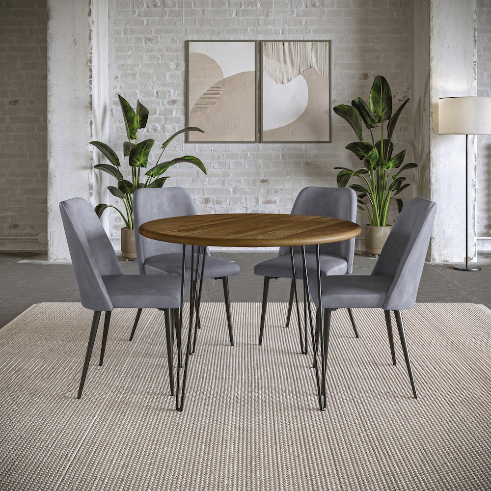 Five Piece 42" Round Mid-Century Modern Dining Set with Faux Leather Chairs