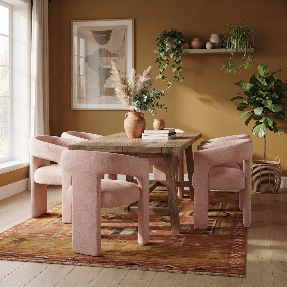 Jacquard Fabric Sculptural Modern Luxury Accent Chairs, Set of 4, Pink