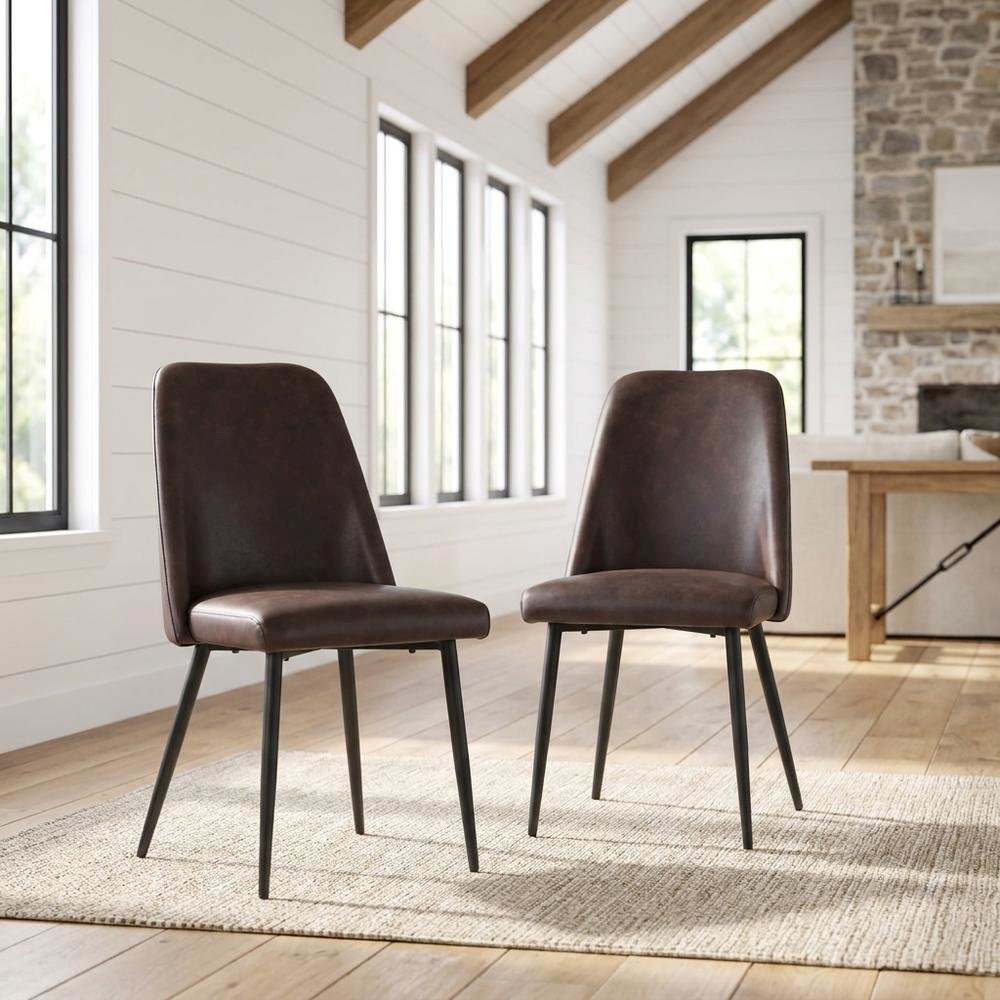 Faux Leather Upholstered Mid-Century Modern Dining Chair, Dark Brown, Set of 2