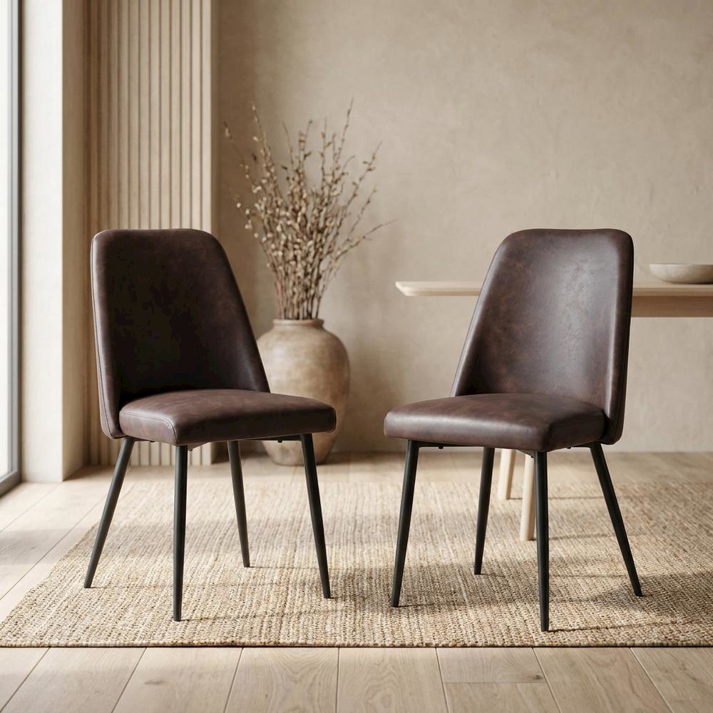 Faux Leather Upholstered Mid-Century Modern Dining Chair, Dark Brown, Set of 2