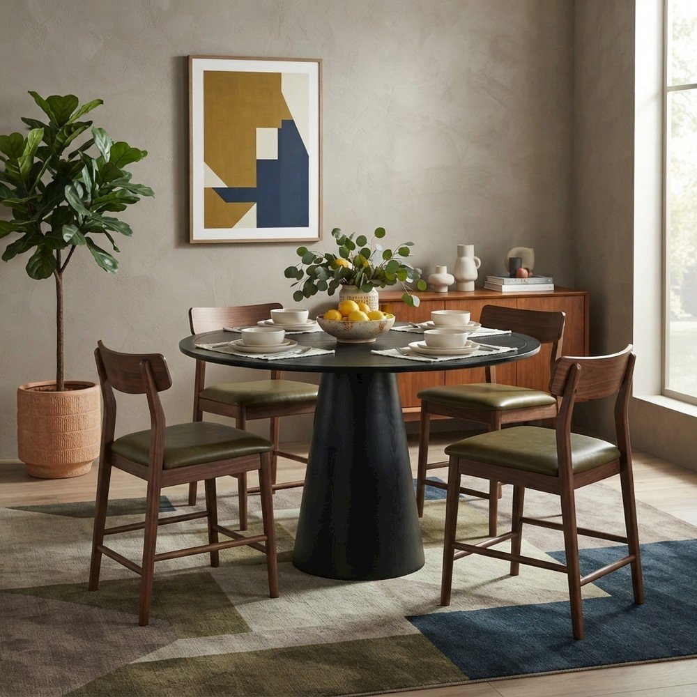 Acacia Veneer Modern Round Pedestal Dining Table, Black, 36" Counter Height