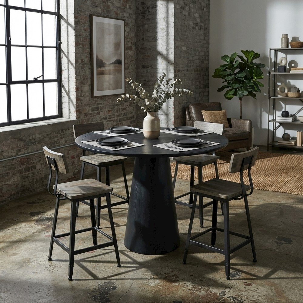 Acacia Veneer Modern Round Pedestal Dining Table, Black, 36" Counter Height