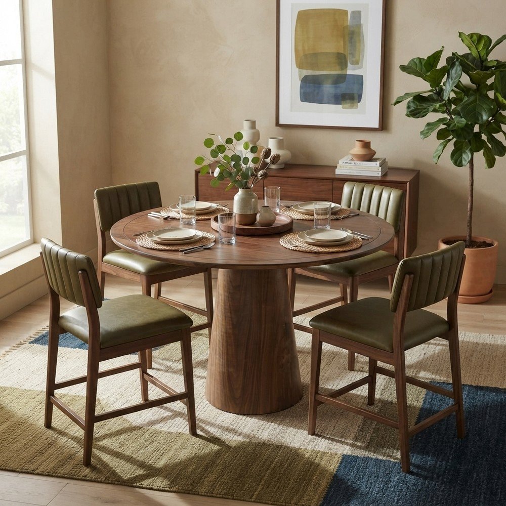 Acacia Veneer Modern Round Pedestal Dining Table, Walnut, 36" Counter Height