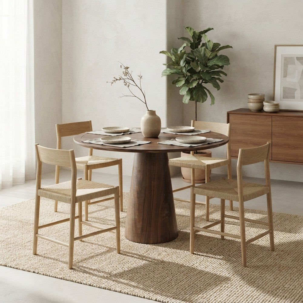 Acacia Veneer Modern Round Pedestal Dining Table, Walnut, 36" Counter Height