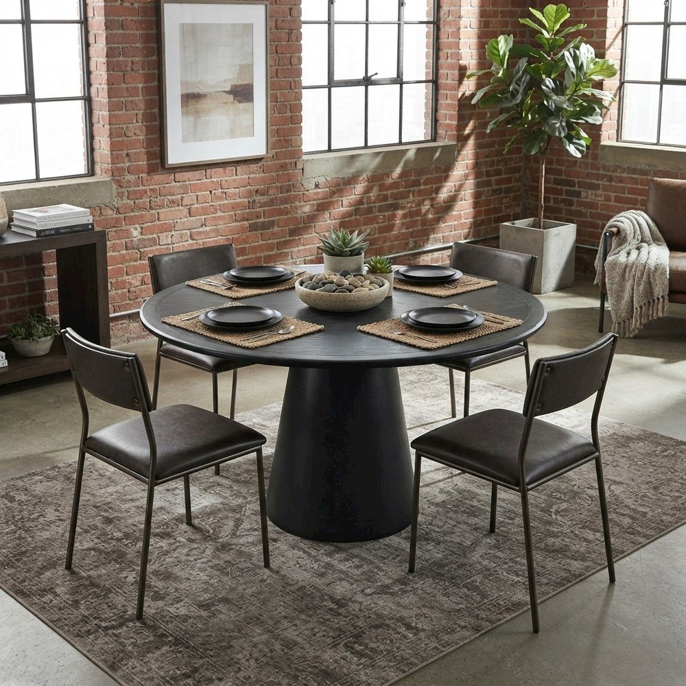 Acacia Veneer Modern Round Pedestal Dining Table, Black, 30" Dining Height