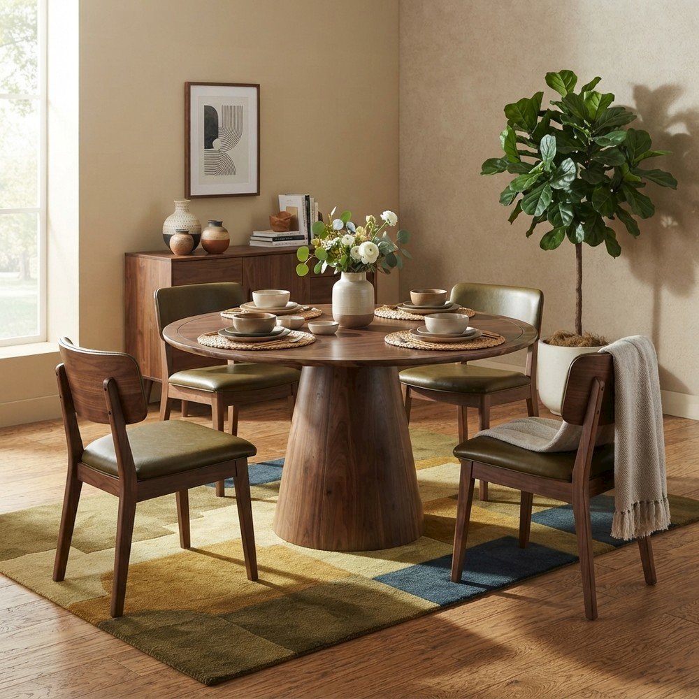 Acacia Veneer Modern Round Pedestal Dining Table, Walnut, 30" Dining Height
