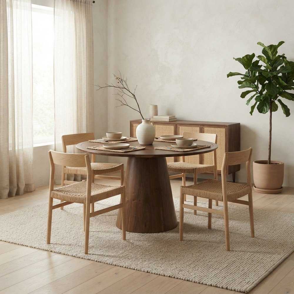Acacia Veneer Modern Round Pedestal Dining Table, Walnut, 30" Dining Height