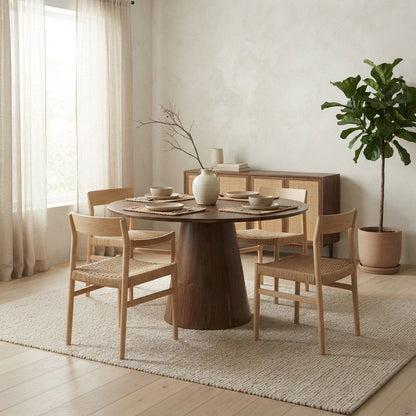 Acacia Veneer Modern Round Pedestal Dining Table, Walnut, 30" Dining Height