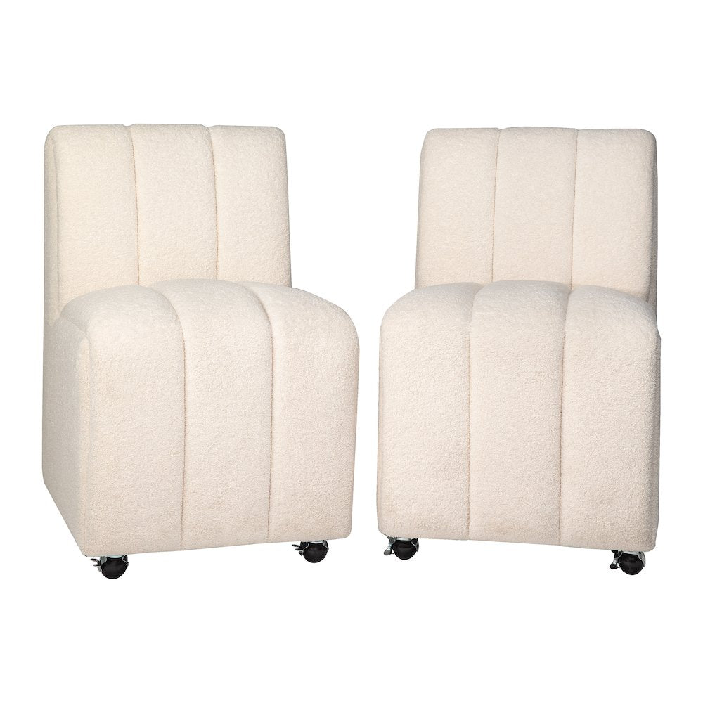 Contemporary Modern Ivory Boucle Upholstered Dining Chair with Wheels (Set of 2)