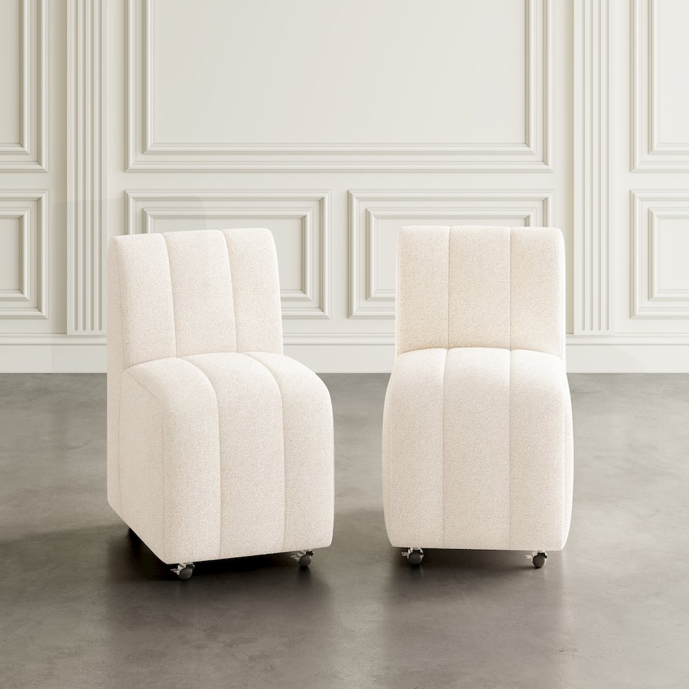 Contemporary Modern Ivory Boucle Upholstered Dining Chair with Wheels (Set of 2)