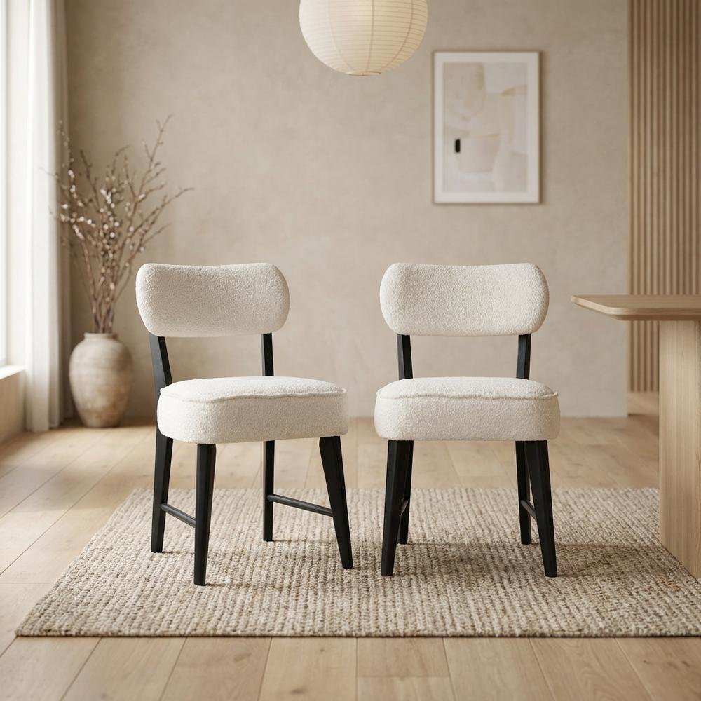 Boucle Upholstered Mid-Century Modern Dining Chairs, Black, Set of 2