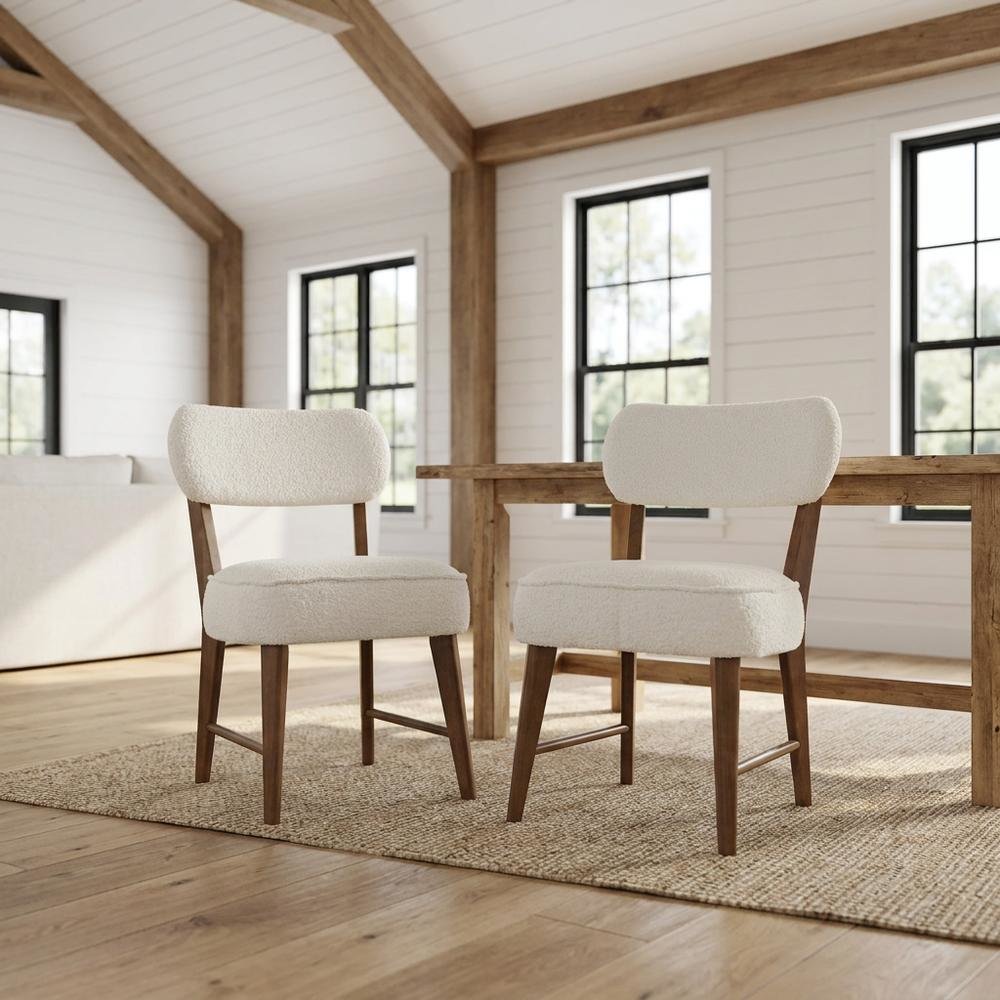 Boucle Upholstered Mid-Century Modern Dining Chairs, Walnut, Set of 2
