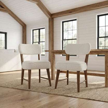 Boucle Upholstered Mid-Century Modern Dining Chairs, Walnut, Set of 2