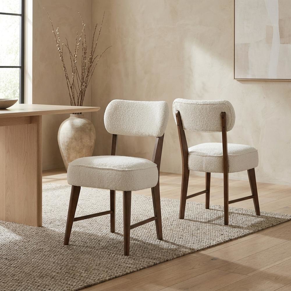 Boucle Upholstered Mid-Century Modern Dining Chairs, Walnut, Set of 2
