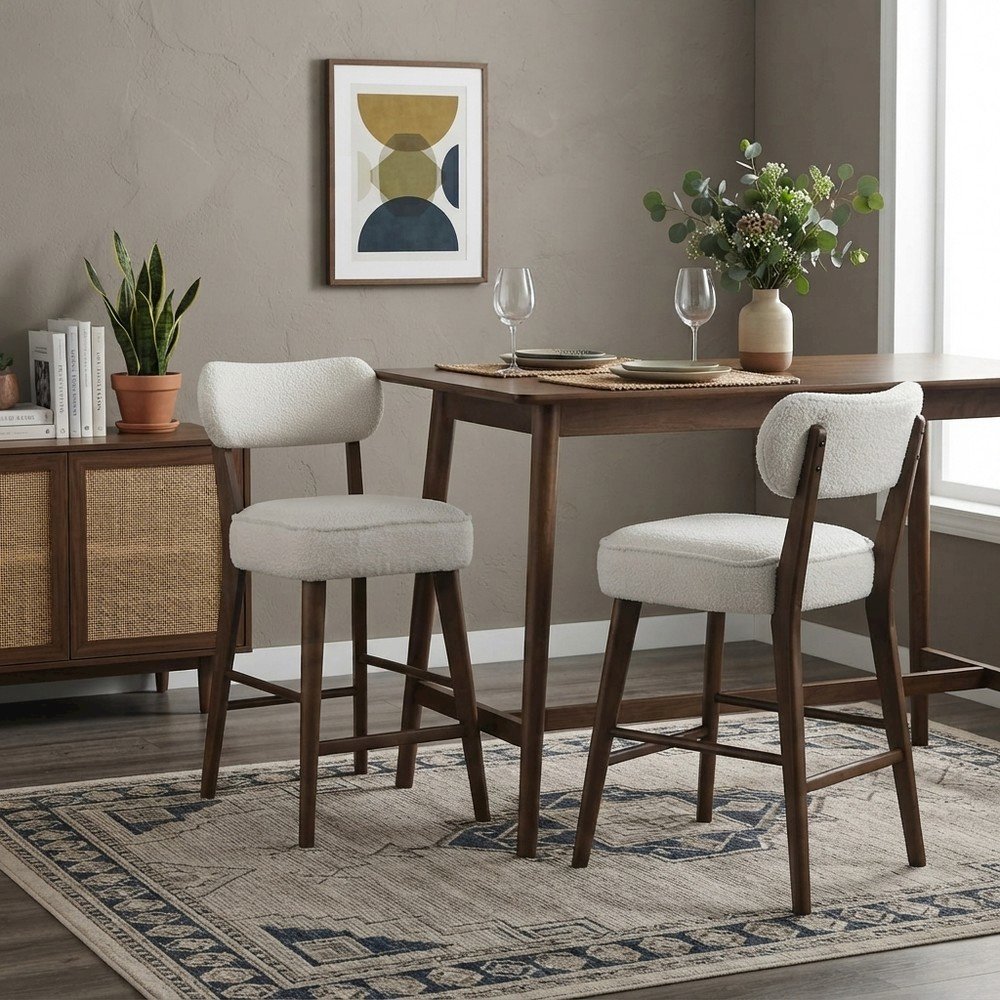 Rubberwood Boucle Counter Height Bar Stools with Set of 2, Walnut