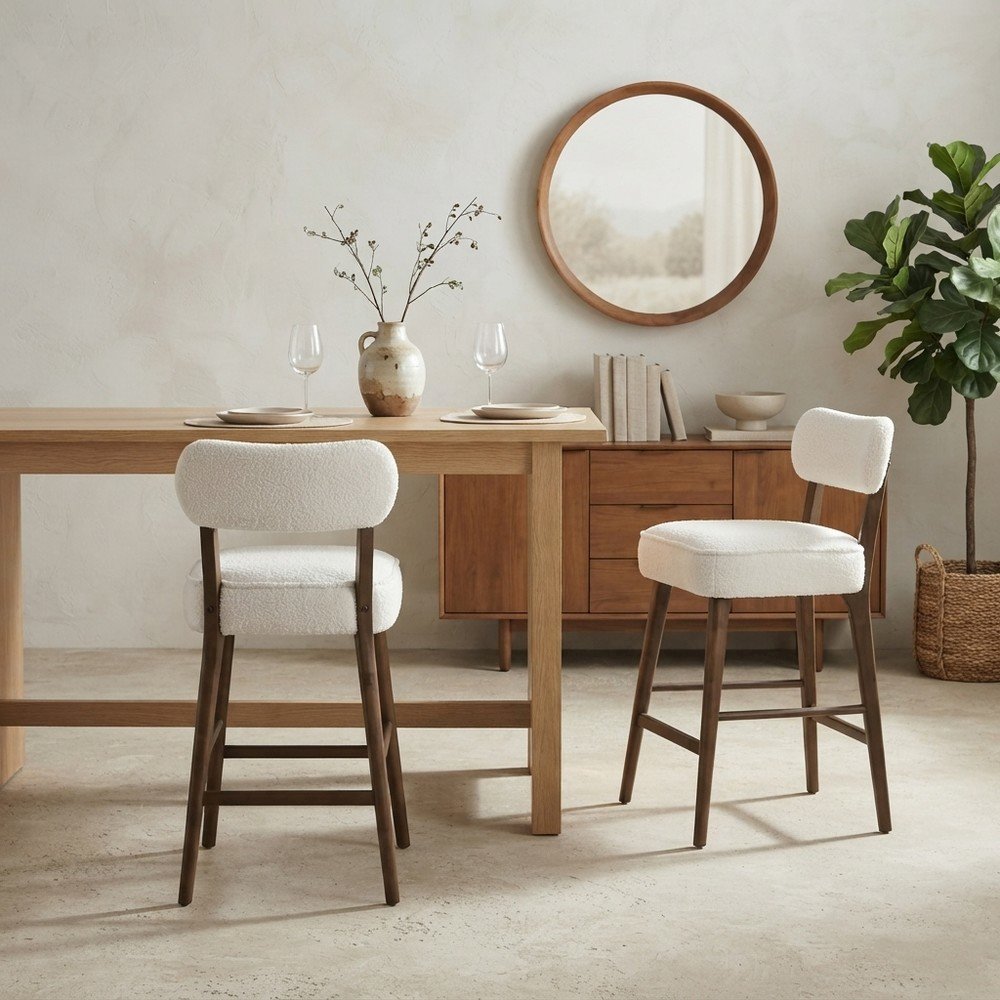 Rubberwood Boucle Counter Height Bar Stools with Set of 2, Walnut