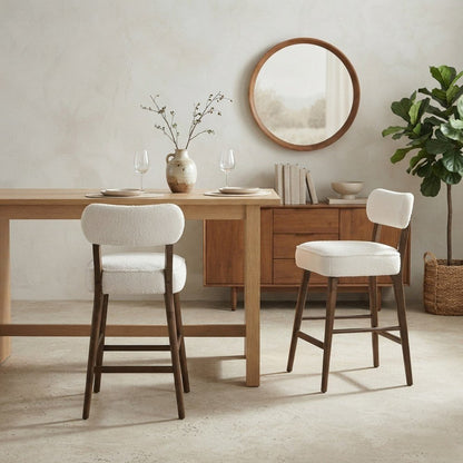 Rubberwood Boucle Counter Height Bar Stools with Set of 2, Walnut