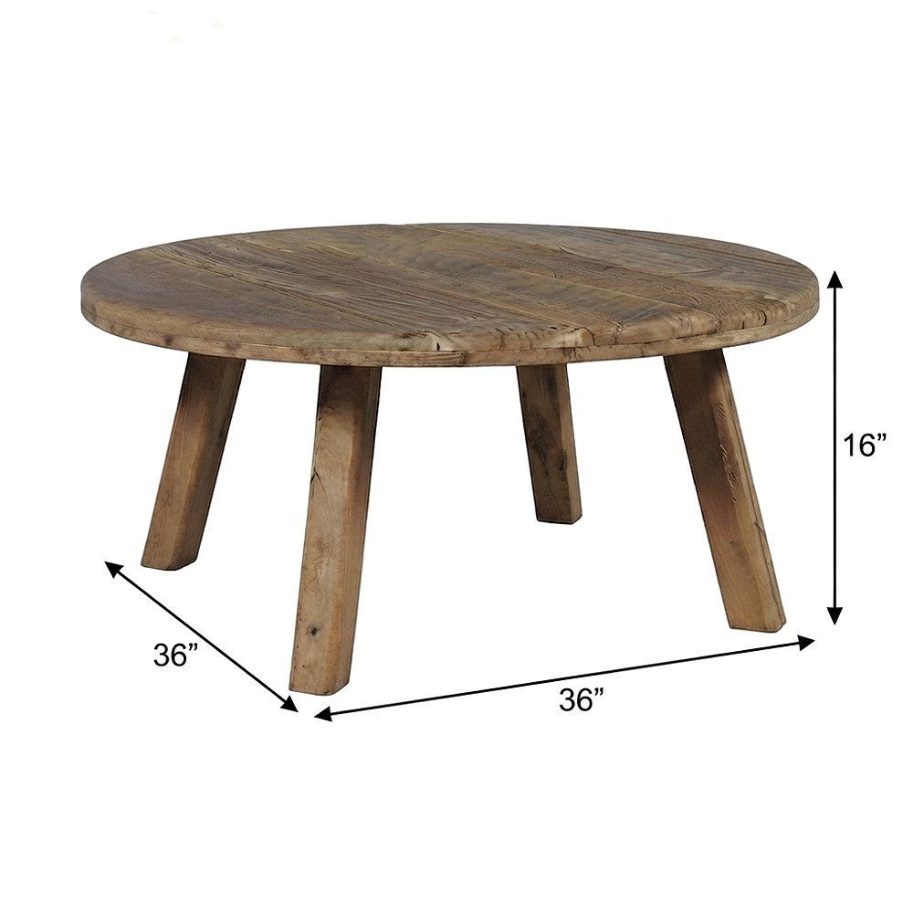 Solid Wood Round Rustic Farmhouse Coffee Table, Distressed Finish, Rustic Brown