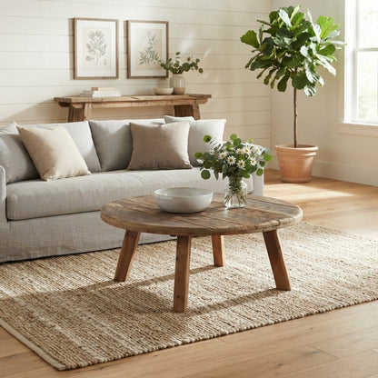 Solid Wood Round Rustic Farmhouse Coffee Table, Distressed Finish, Rustic Brown